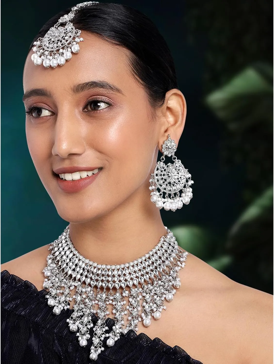 Aheli Elegant Indian Wedding Wear Faux Kundan Studded Choker Necklace with Maang Tikka Set Ethnic Fashion Jewelry Gift for Women Maroon Kundan & Pearl Drop