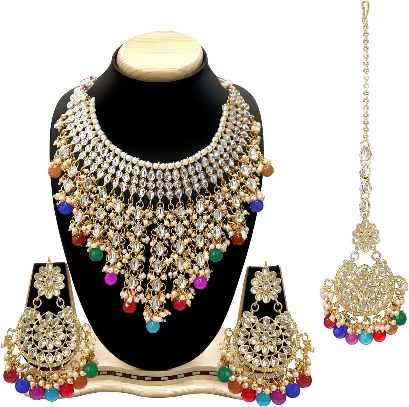 Aheli Elegant Indian Wedding Wear Faux Kundan Studded Choker Necklace with Maang Tikka Set Ethnic Fashion Jewelry Gift for Women Maroon Kundan & Pearl Drop