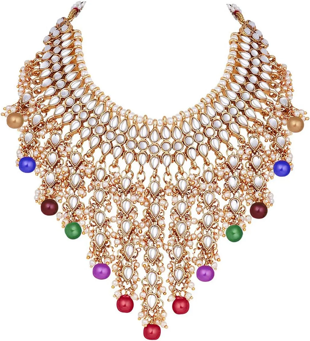 Aheli Elegant Indian Wedding Wear Faux Kundan Studded Choker Necklace with Maang Tikka Set Ethnic Fashion Jewelry Gift for Women Maroon Kundan & Pearl Drop
