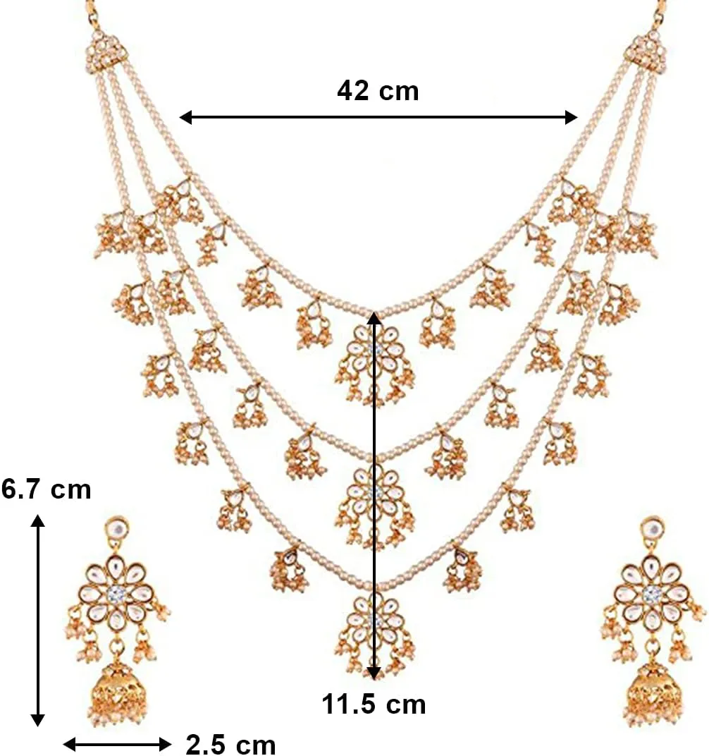 Aheli Ethnic Layered Faux Pearl Kundan Necklace Earring Set Indian Traditional Rani Har Wedding Bollywood Party Jewelry Gift for Women