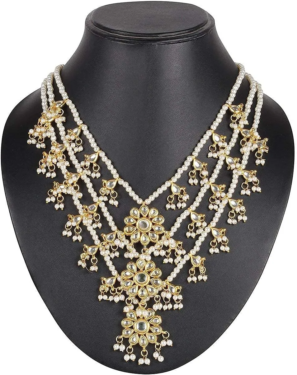 Aheli Ethnic Layered Faux Pearl Kundan Necklace Earring Set Indian Traditional Rani Har Wedding Bollywood Party Jewelry Gift for Women