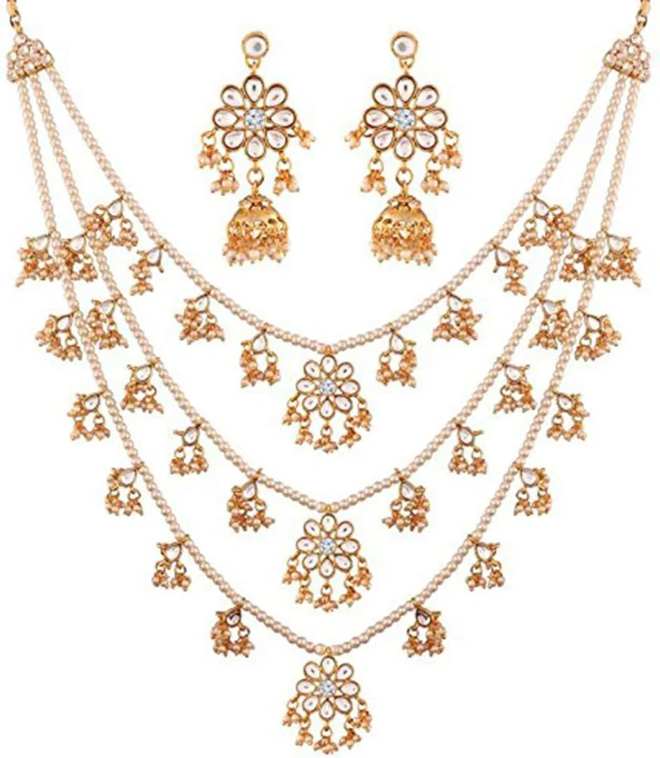 Aheli Ethnic Layered Faux Pearl Kundan Necklace Earring Set Indian Traditional Rani Har Wedding Bollywood Party Jewelry Gift for Women
