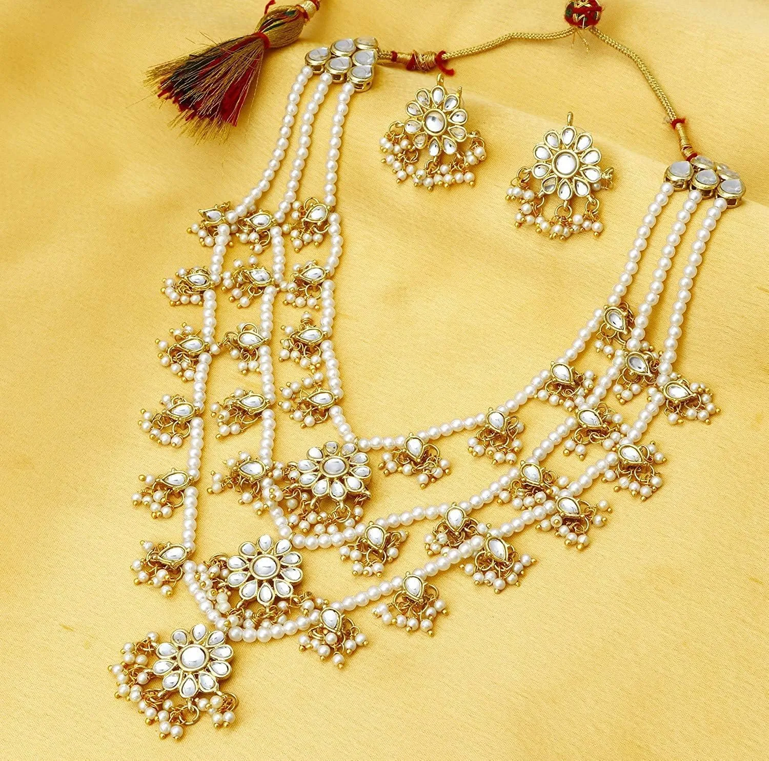 Aheli Ethnic Layered Faux Pearl Kundan Necklace Earring Set Indian Traditional Rani Har Wedding Bollywood Party Jewelry Gift for Women