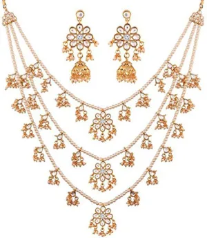 Aheli Ethnic Layered Faux Pearl Kundan Necklace Earring Set Indian Traditional Rani Har Wedding Bollywood Party Jewelry Gift for Women