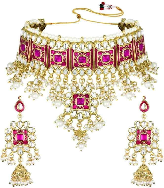 Aheli Faux Kundan Choker Necklace with Earring Maang Tikka Indian Traditional Bollywood Ethnic Bridal Jewelry Set Gift for Women