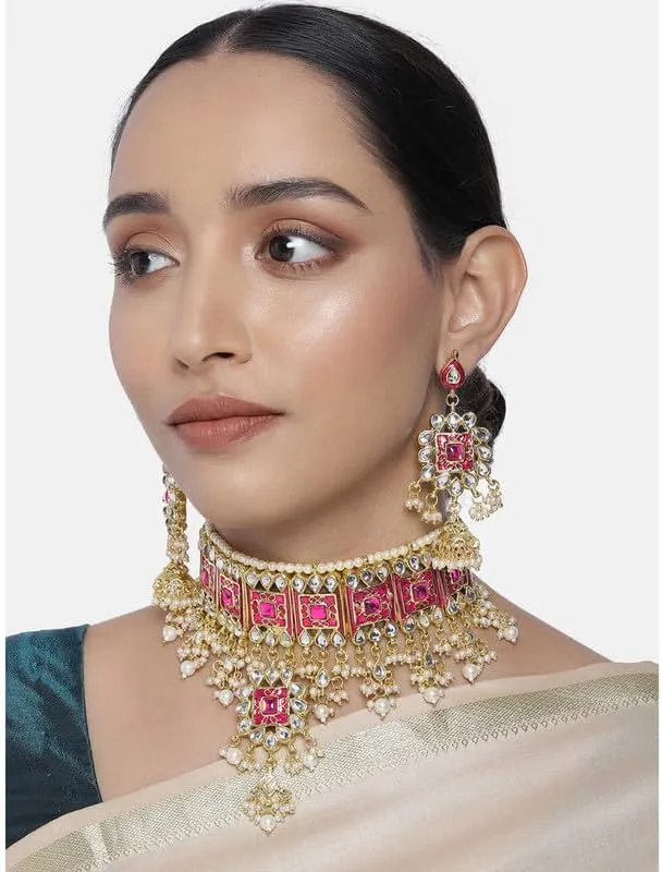 Aheli Faux Kundan Choker Necklace with Earring Maang Tikka Indian Traditional Bollywood Ethnic Bridal Jewelry Set Gift for Women