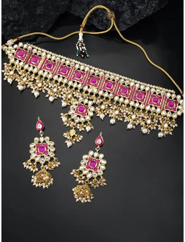 Aheli Faux Kundan Choker Necklace with Earring Maang Tikka Indian Traditional Bollywood Ethnic Bridal Jewelry Set Gift for Women