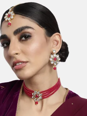 Aheli Faux Kundan Pearl Floral Choker Necklace Earring Maang Tikka Indian Traditional Bollywood Jewelry Set Gift for Women