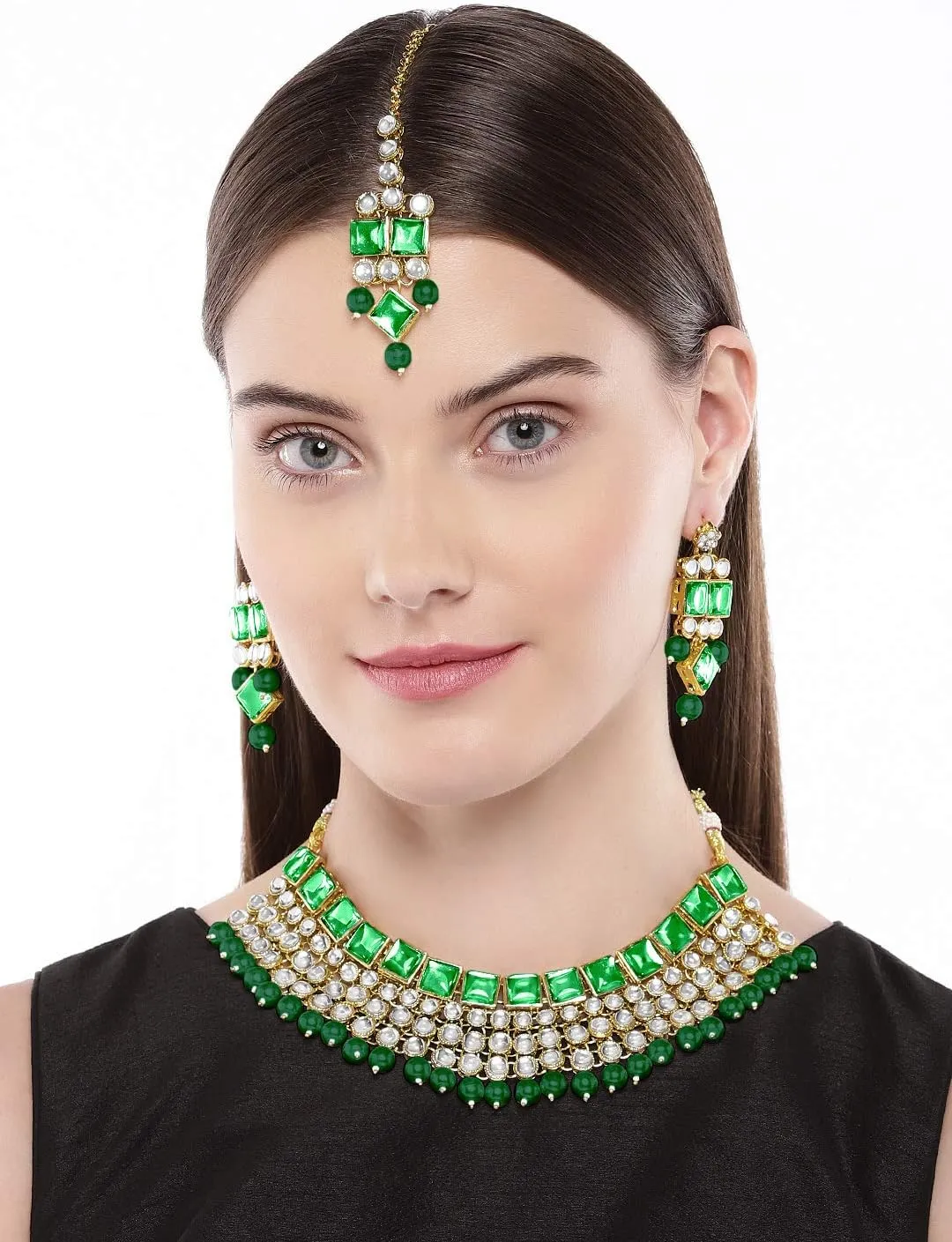 Aheli Faux Kundan Stone Indian Traditional Necklace Earrings Maang Tikka Set Wedding Fashion Party Wear Jewelry Gift for Women