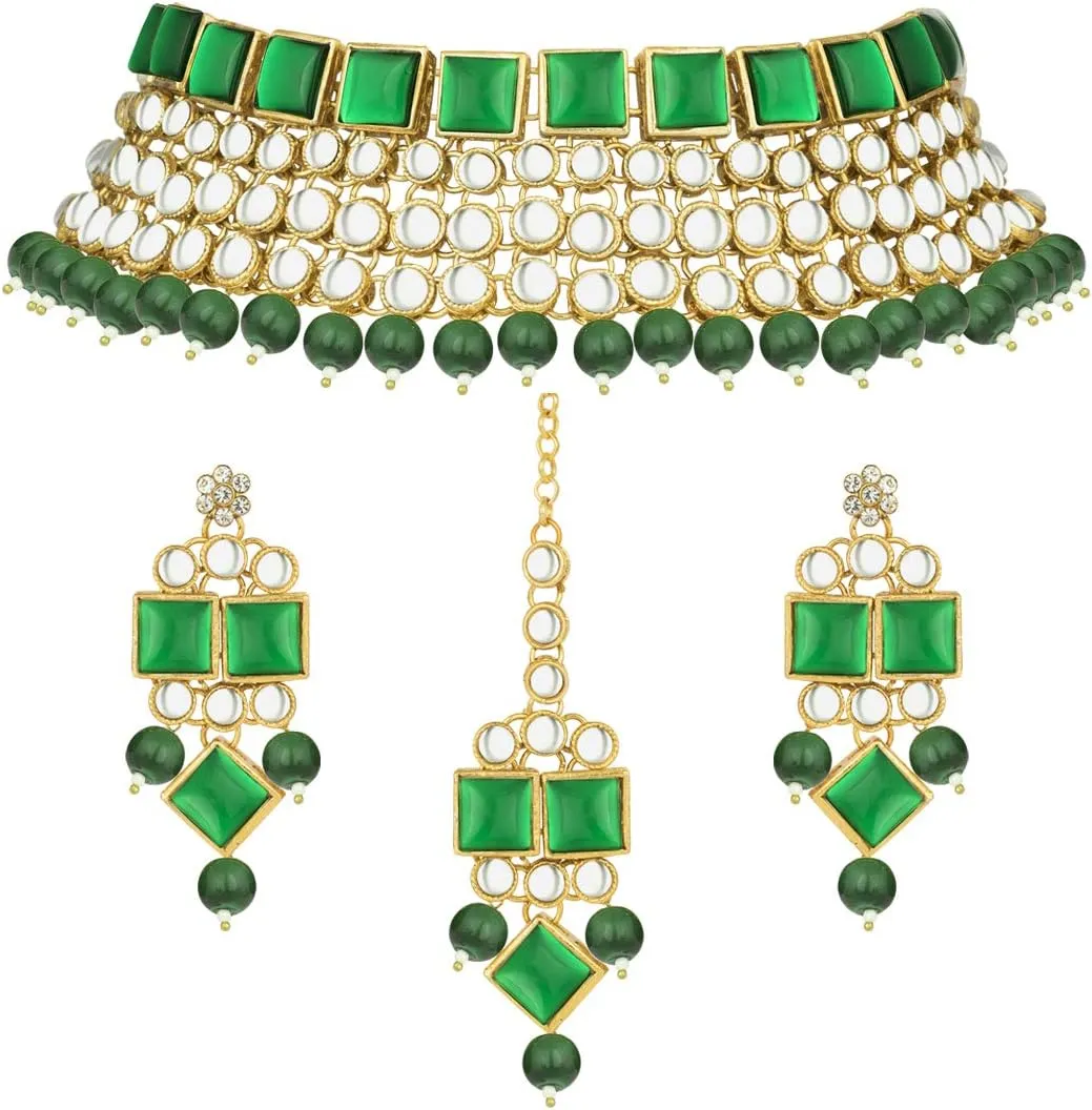 Aheli Faux Kundan Stone Indian Traditional Necklace Earrings Maang Tikka Set Wedding Fashion Party Wear Jewelry Gift for Women