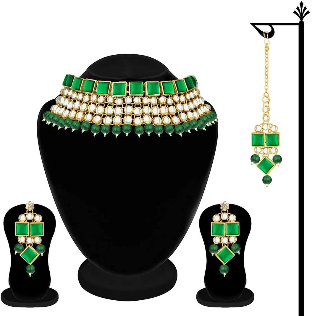Aheli Faux Kundan Stone Indian Traditional Necklace Earrings Maang Tikka Set Wedding Fashion Party Wear Jewelry Gift for Women