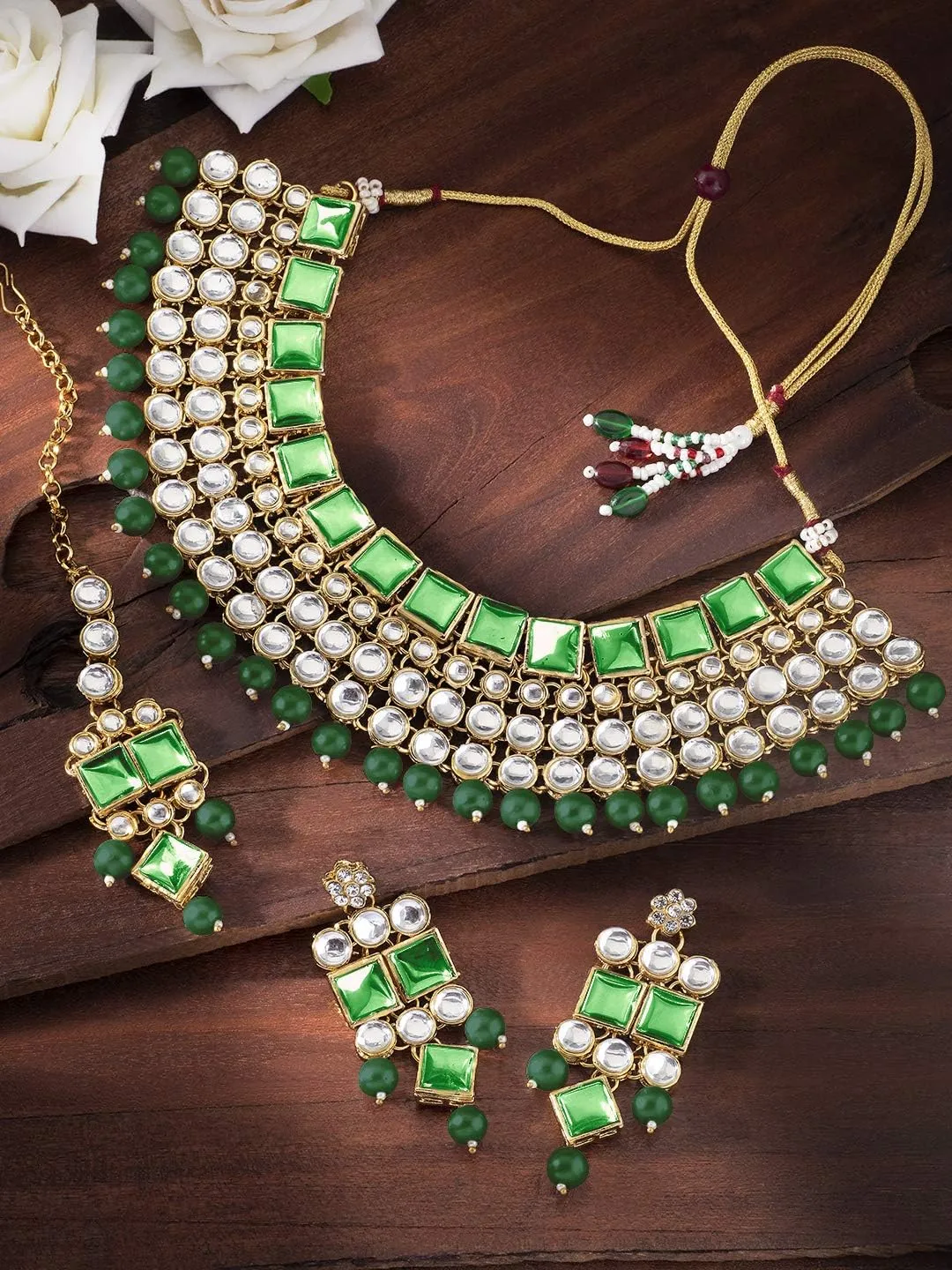 Aheli Faux Kundan Stone Indian Traditional Necklace Earrings Maang Tikka Set Wedding Fashion Party Wear Jewelry Gift for Women