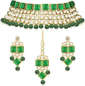 Aheli Faux Kundan Stone Indian Traditional Necklace Earrings Maang Tikka Set Wedding Fashion Party Wear Jewelry Gift for Women