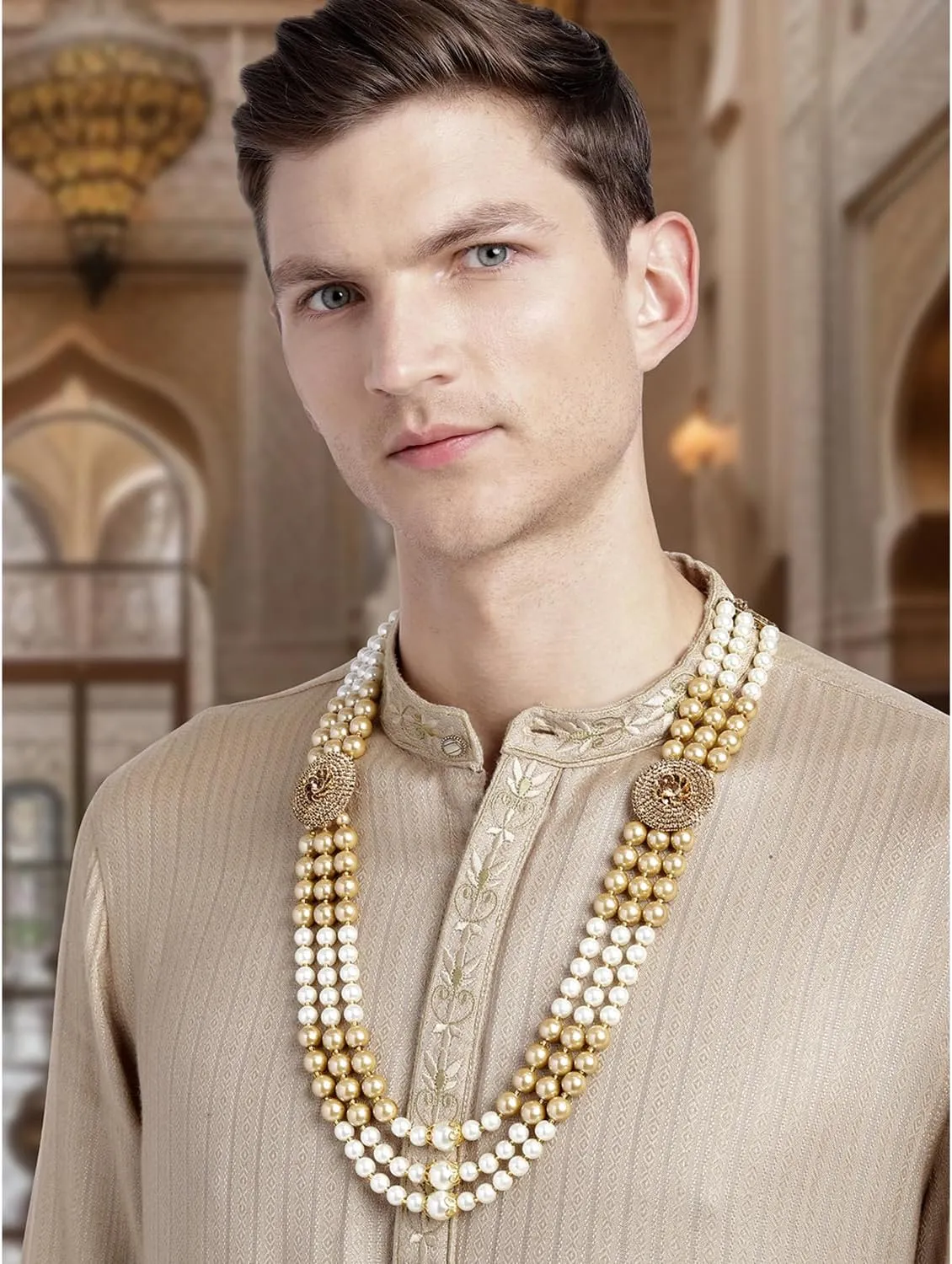 Aheli Gold Plated Beads Studded Ethnic Sherwani Maala Haar Necklace Traditional Fancy Groom's Jewellery Gift for Men
