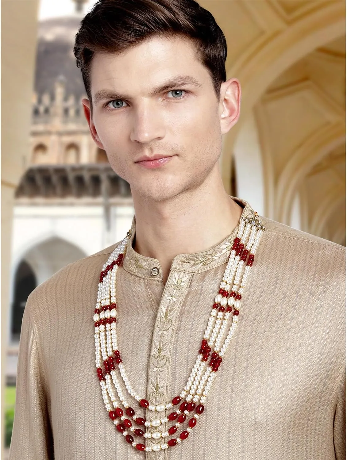 Aheli Gold Plated Beads Studded Ethnic Sherwani Maala Haar Necklace Traditional Fancy Groom's Jewellery Gift for Men