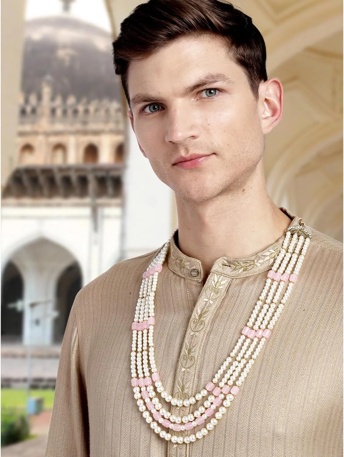 Aheli Gold Plated Beads Studded Ethnic Sherwani Maala Haar Necklace Traditional Fancy Groom's Jewellery Gift for Men