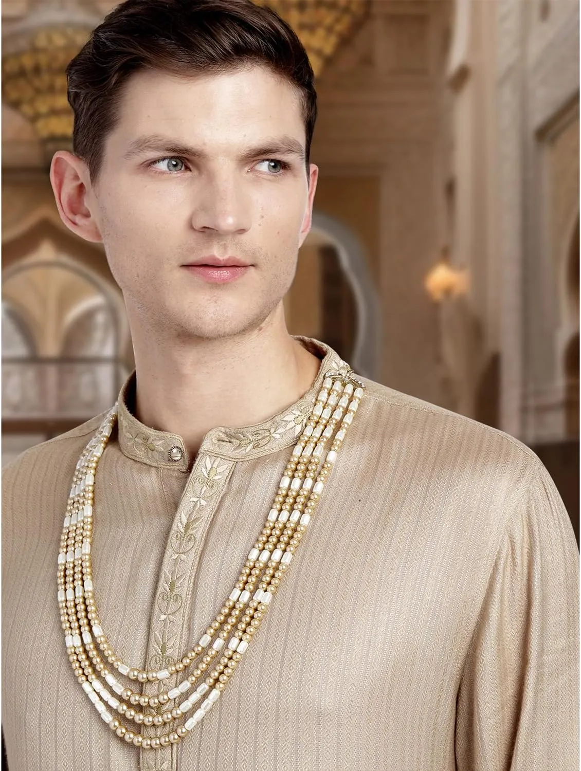 Aheli Gold Plated Beads Studded Ethnic Sherwani Maala Haar Necklace Traditional Fancy Groom's Jewellery Gift for Men