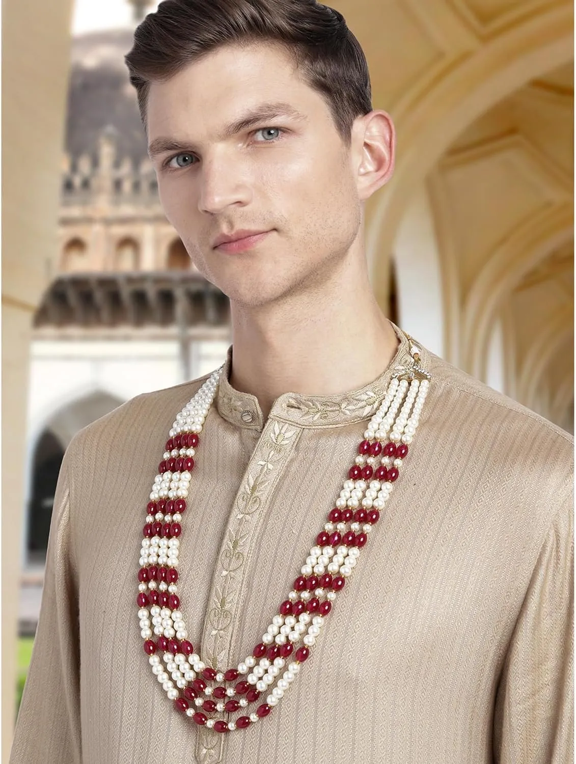 Aheli Gold Plated Beads Studded Ethnic Sherwani Maala Haar Necklace Traditional Fancy Groom's Jewellery Gift for Men