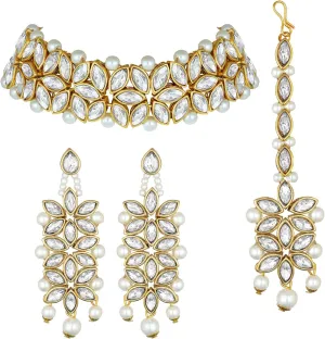 Aheli Indian Traditional Faux Kundan Pearl Bridal Choker Necklace Jewelry Set with Earring Maang Tikka Gift for Women