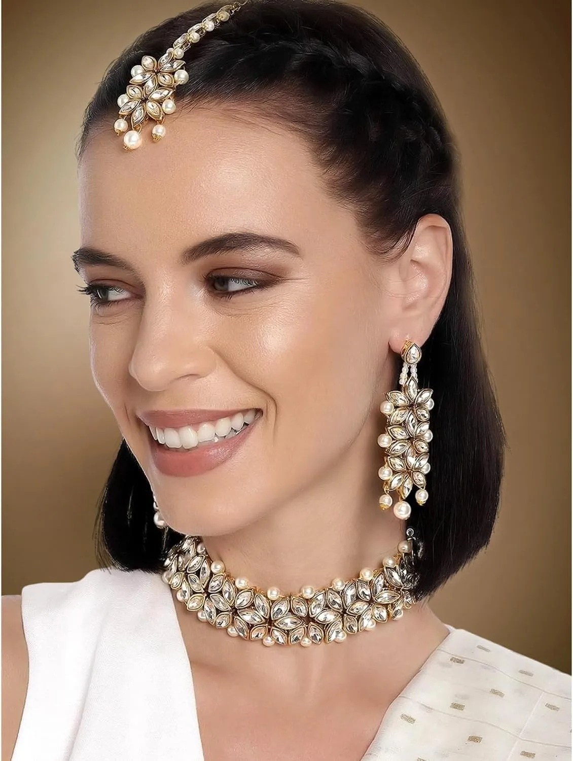 Aheli Indian Traditional Faux Kundan Pearl Bridal Choker Necklace Jewelry Set with Earring Maang Tikka Gift for Women