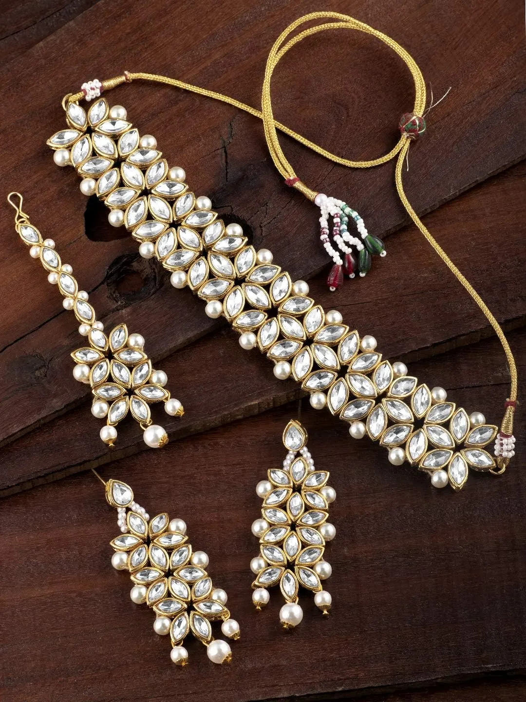 Aheli Indian Traditional Faux Kundan Pearl Bridal Choker Necklace Jewelry Set with Earring Maang Tikka Gift for Women