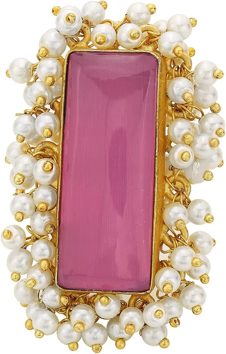 Aheli Square Crystal Faux Pearl Handcrafted Adjustable Floral Finger Ring Indian Ethnic Traditional Wedding Bridal Jewelry Gift for Women