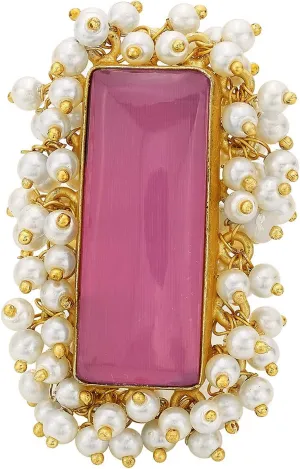 Aheli Square Crystal Faux Pearl Handcrafted Adjustable Floral Finger Ring Indian Ethnic Traditional Wedding Bridal Jewelry Gift for Women