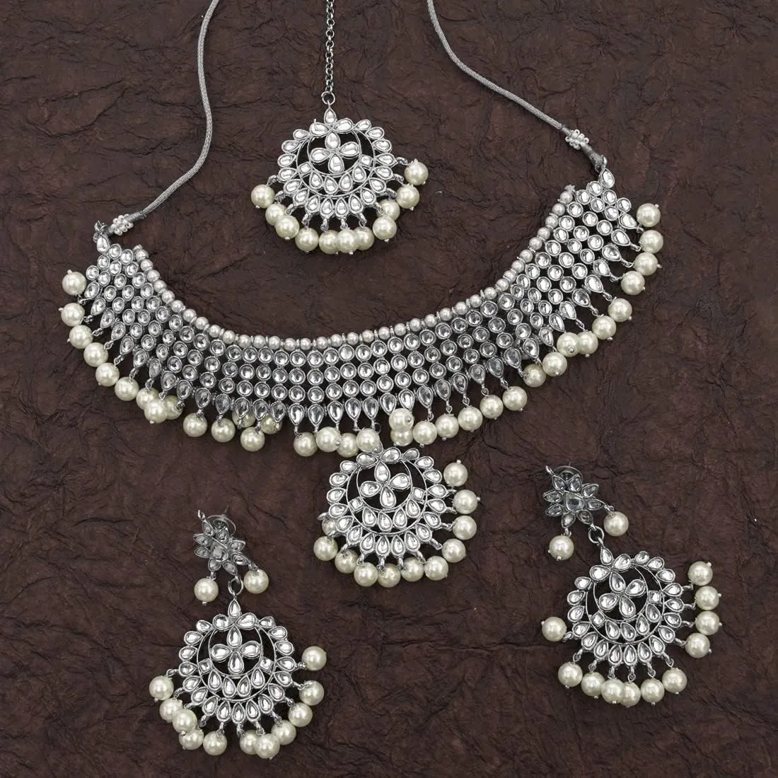 Aheli Wedding Wear Kundan Beaded Choker Necklace Set with Maang Tikka Indian Jewelry Gift for Women