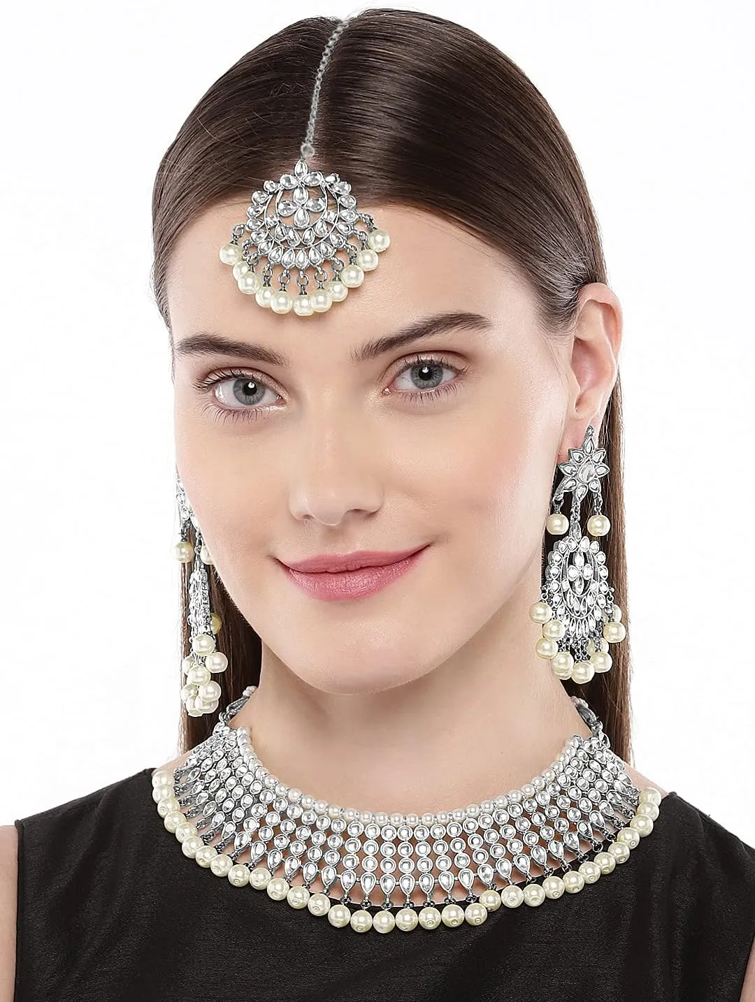 Aheli Wedding Wear Kundan Beaded Choker Necklace Set with Maang Tikka Indian Jewelry Gift for Women