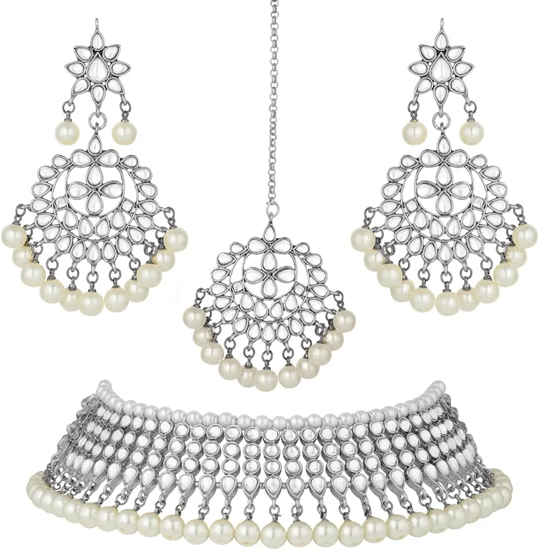 Aheli Wedding Wear Kundan Beaded Choker Necklace Set with Maang Tikka Indian Jewelry Gift for Women