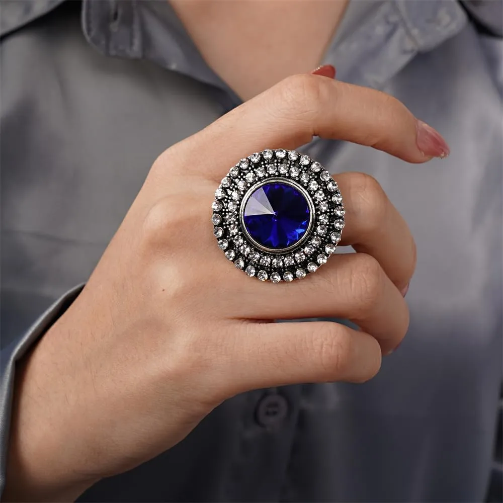 Aimimier Bohemian Big Round Crystal Statement Ring for Women