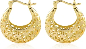 ALEXCRAFT Gold Filigree Hoop Earrings for Women 14K Gold Plated Medium Size Hypoallergenic Statement Earring