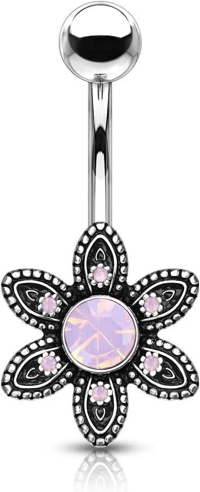 Amelia Fashion 14 Gauge Antique Pink Opalite Crystal Paved Flower Belly Button/Navel Ring 316L Surgical Steel
