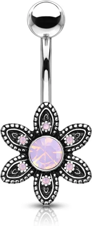 Amelia Fashion 14 Gauge Antique Pink Opalite Crystal Paved Flower Belly Button/Navel Ring 316L Surgical Steel
