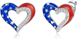 American Flag Heart Earrings - Sterling Silver Red White and Blue Patriotic Stud Hypoallergenic Jewelry Independence Day Gifts for Women