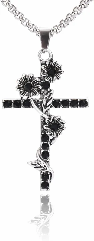 Ancient silver Cross Pendant Necklace with Black Crystals,clover stainless steel Chain, Adjustable Length