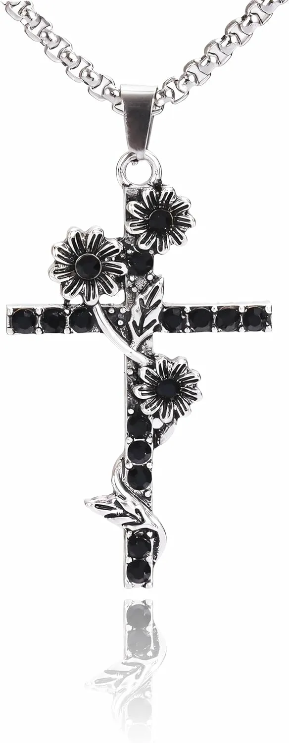 Ancient silver Cross Pendant Necklace with Black Crystals,clover stainless steel Chain, Adjustable Length