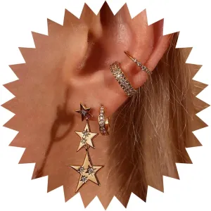 Andelaisi Boho Crystal Star Drop Earrings Layered Ear Cuff Wrap Earrings Vintage Rhinestone Star Dangle Earrings Gold Cz Cartilage Cuff Earrings Bling Cz Star Multiple Earrings Set Jewelry for Women