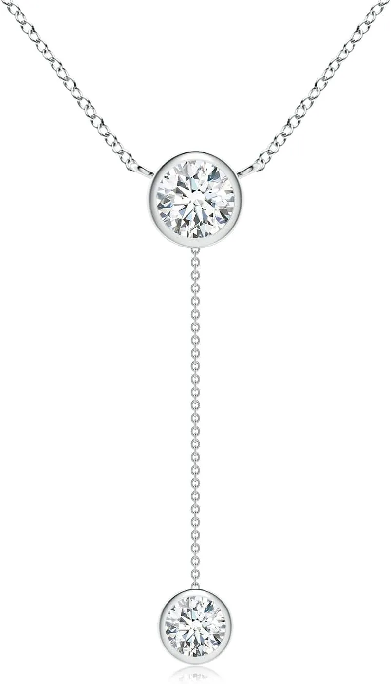 Angara Bezel-Set Round Lab Grown Diamond Lariat Style Necklace in 14K Solid Gold/Platinum | April Birthstone, Birthday, Engagement, Anniversary, Wedding Jewelry Gift for Women