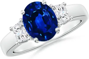 Angara Classic Oval Lab Grown Blue Sapphire and Trapezoid Diamond Three Stone Engagement Ring in 14K Solid Gold/Platinum | September Birthstone, Birthday, Anniversary, Wedding Jewelry Gift for Women