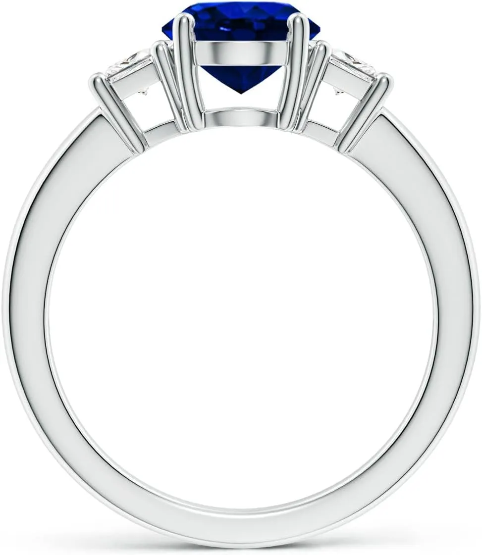 Angara Classic Oval Lab Grown Blue Sapphire and Trapezoid Diamond Three Stone Engagement Ring in 14K Solid Gold/Platinum | September Birthstone, Birthday, Anniversary, Wedding Jewelry Gift for Women