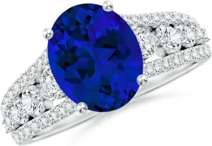 Angara Classic Oval Lab Grown Blue Sapphire Split Shank Engagement Ring with Accents in 14K Solid Gold/Platinum | Birthday, Anniversary, Wedding Jewelry Gift for Women
