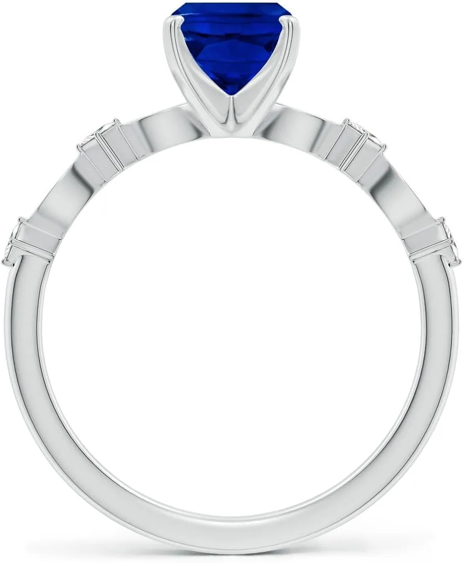 Angara Cushion Rectangular Lab Grown Blue Sapphire Engagement Ring with Marquise Motifs in 14K Solid Gold/Platinum | Birthday, Anniversary, Wedding Jewelry Gift for Women