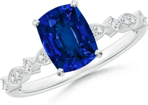 Angara Cushion Rectangular Lab Grown Blue Sapphire Engagement Ring with Marquise Motifs in 14K Solid Gold/Platinum | Birthday, Anniversary, Wedding Jewelry Gift for Women
