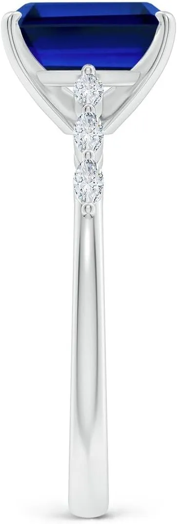 Angara Emerald-Cut Lab Grown Blue Sapphire Engagement Ring with Marquise Diamonds in 14K Solid Gold/Platinum | Birthday, Anniversary, Wedding Jewelry Gift for Women