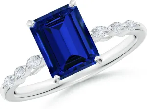 Angara Emerald-Cut Lab Grown Blue Sapphire Engagement Ring with Marquise Diamonds in 14K Solid Gold/Platinum | Birthday, Anniversary, Wedding Jewelry Gift for Women