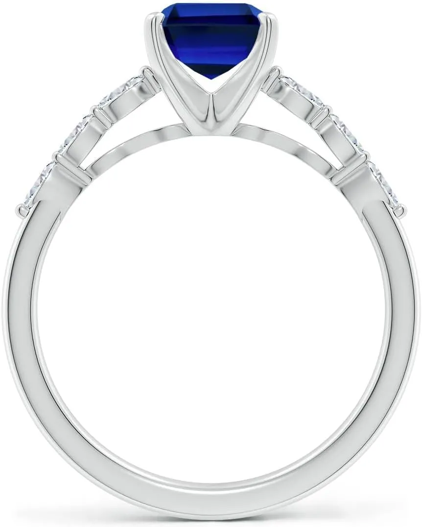 Angara Emerald-Cut Lab Grown Blue Sapphire Engagement Ring with Marquise Diamonds in 14K Solid Gold/Platinum | Birthday, Anniversary, Wedding Jewelry Gift for Women