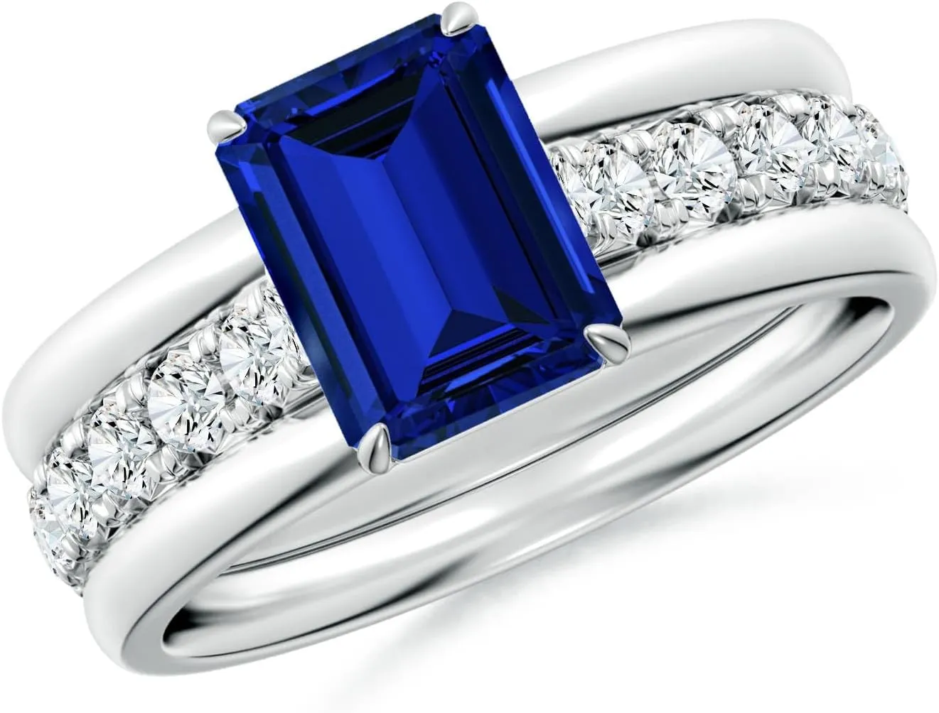 Angara Emerald-Cut Lab Grown Blue Sapphire Two Tone Engagement Ring with Accents in 14K Solid Gold/Platinum | Birthday, Anniversary, Wedding Jewelry Gift for Women