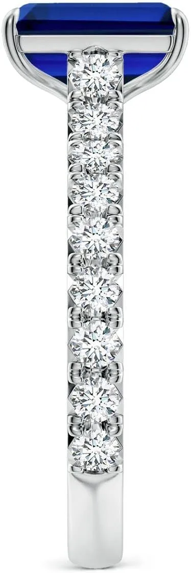 Angara Emerald-Cut Lab Grown Blue Sapphire Two Tone Engagement Ring with Accents in 14K Solid Gold/Platinum | Birthday, Anniversary, Wedding Jewelry Gift for Women
