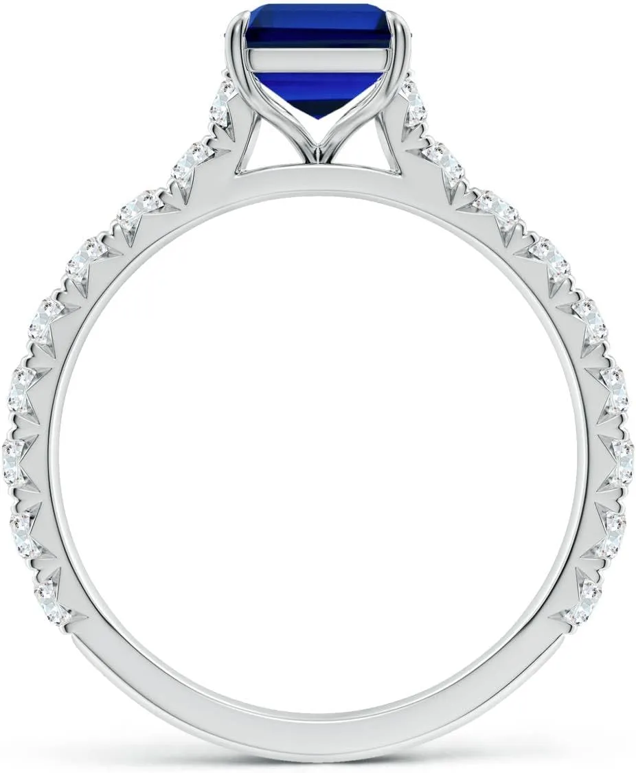 Angara Emerald-Cut Lab Grown Blue Sapphire Two Tone Engagement Ring with Accents in 14K Solid Gold/Platinum | Birthday, Anniversary, Wedding Jewelry Gift for Women